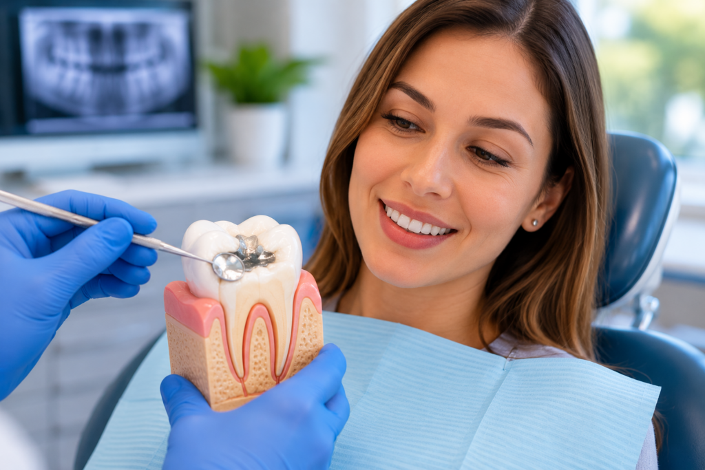 Dentist using a tooth model to explain when a dental filling may be needed.