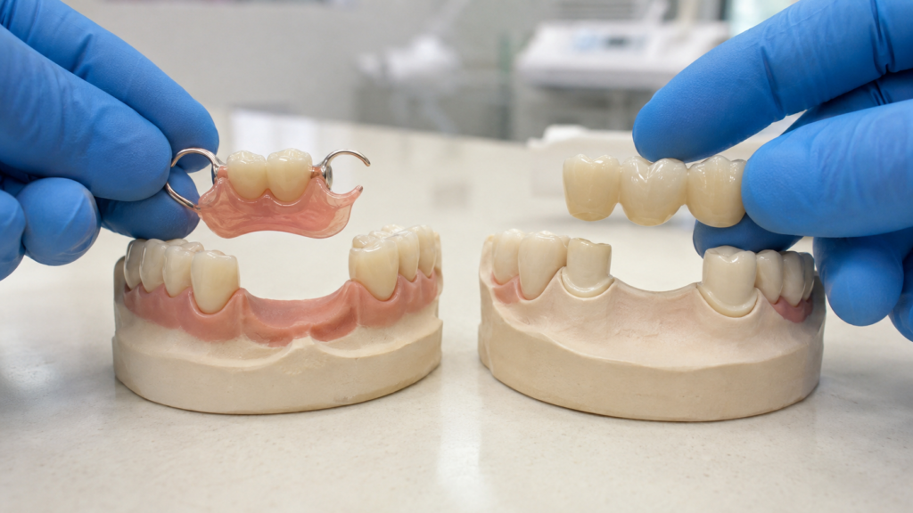 Blue-gloved hands compare a removable partial denture with a fixed three-unit dental bridge on dental models.